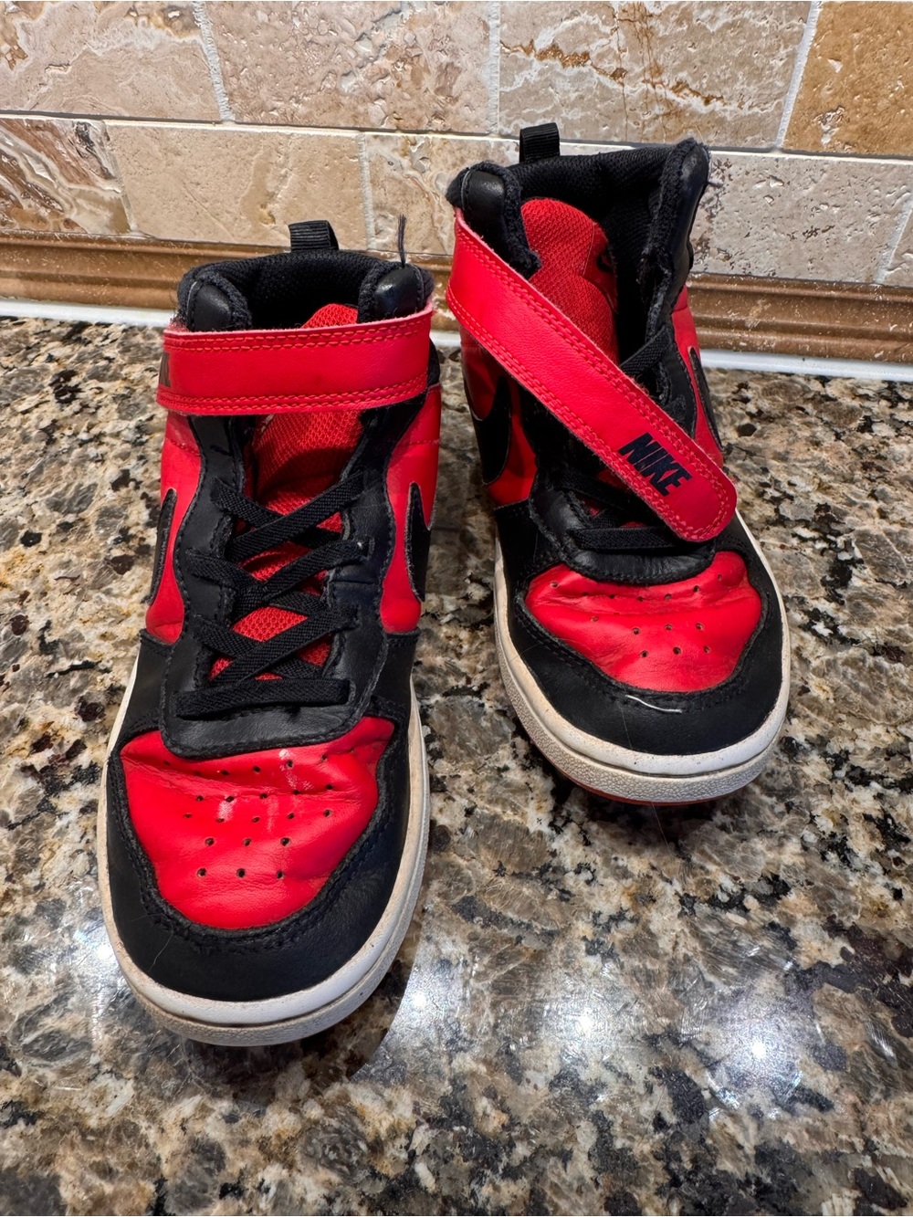 Size 1. Nike Kids Red and Black High-Top Sneakers with Strap
